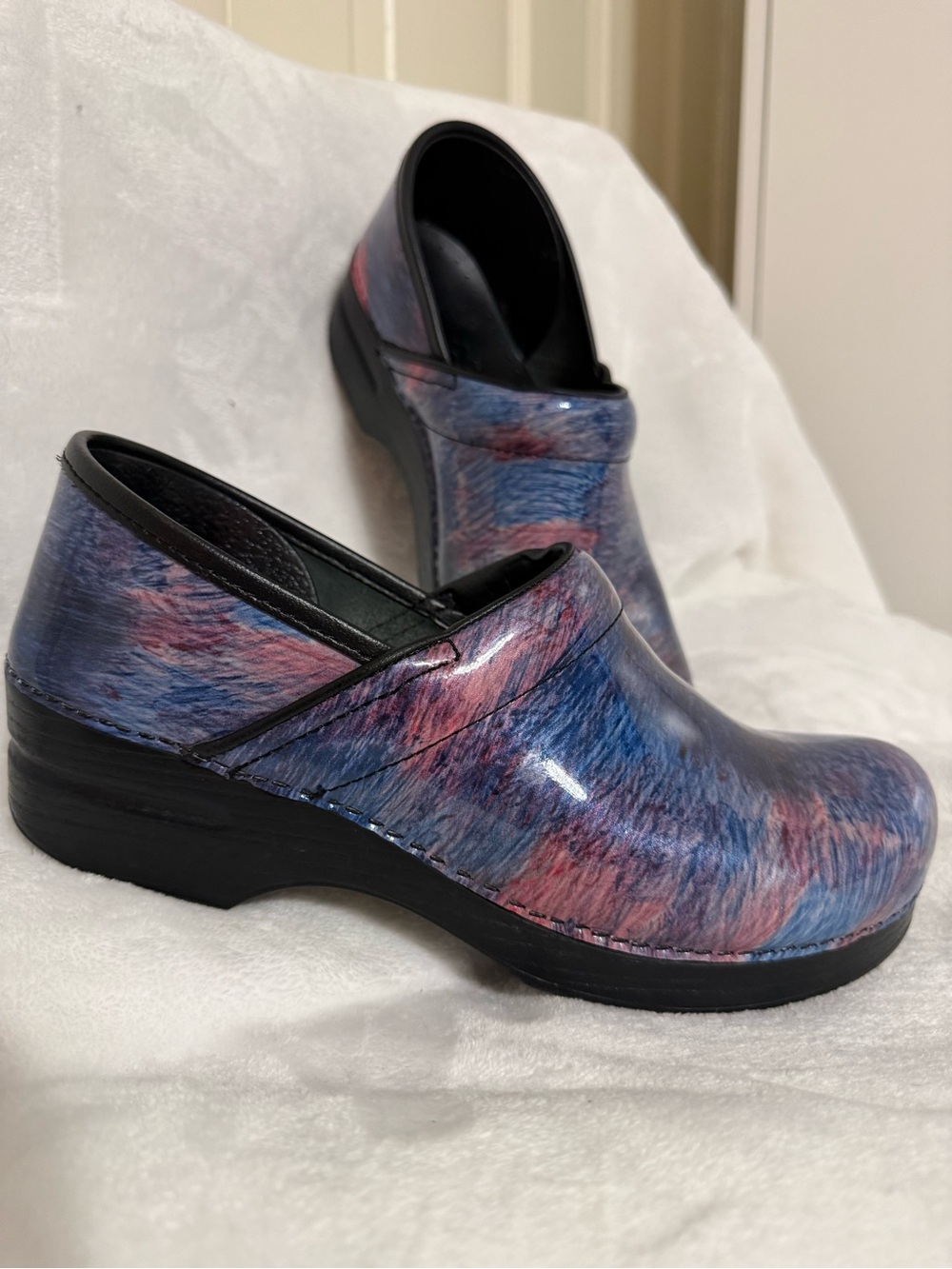 Dansko Women's Clogs in Blue and Pink Brushstroke Pattern